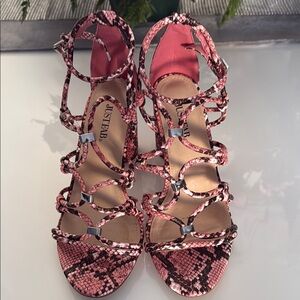 JustFab Pink Exotic Heels with Strappy Design